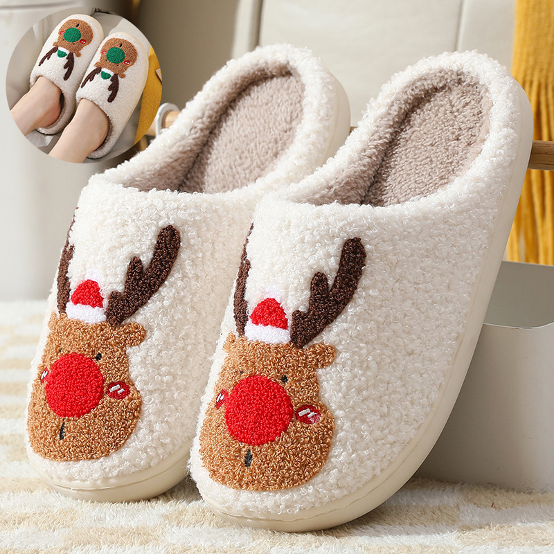 Cozy Winter Home Slippers with Elk Design - Soft, Plush Bedroom Slipper for Women, Men - Slip On House Shoes for Warmth and Comfort - Ideal Christmas Gift