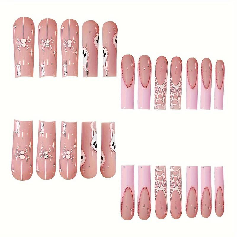 Glossy Pink Edge Ghost Spider Web Fake Nails with Jelly Glue & Rubbing Strip, 24Pcs Artificial Full Covers Nail Art Kit, Halloween Accessories, Nail Transitions