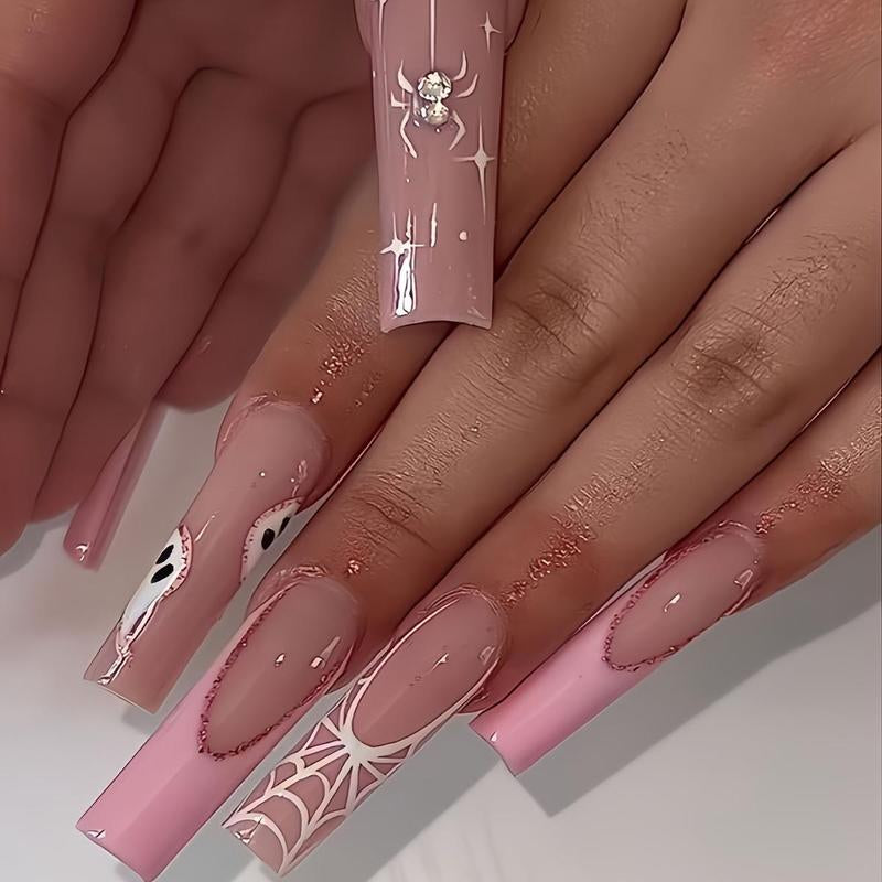 Glossy Pink Edge Ghost Spider Web Fake Nails with Jelly Glue & Rubbing Strip, 24Pcs Artificial Full Covers Nail Art Kit, Halloween Accessories, Nail Transitions