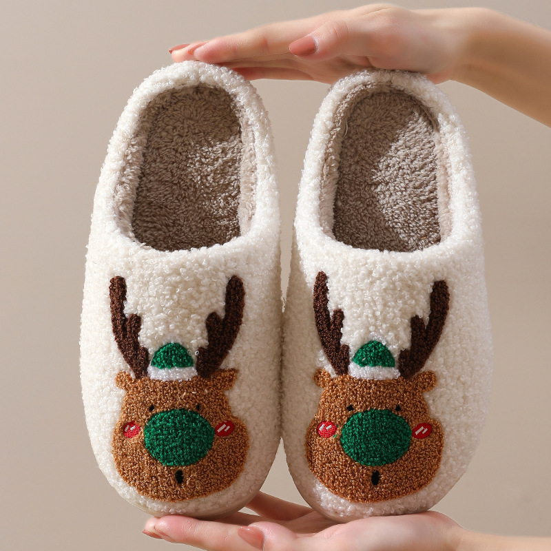 Cozy Winter Home Slippers with Elk Design - Soft, Plush Bedroom Slipper for Women, Men - Slip On House Shoes for Warmth and Comfort - Ideal Christmas Gift