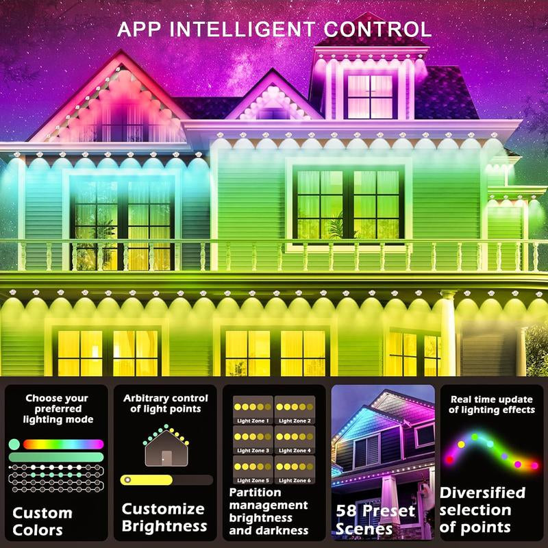 Outdoor Light with Remote Control, RGB+AI Outdoor Light, Waterproof House Light for Outside, Bluetooth-Compatible Light for Festival Home Decor