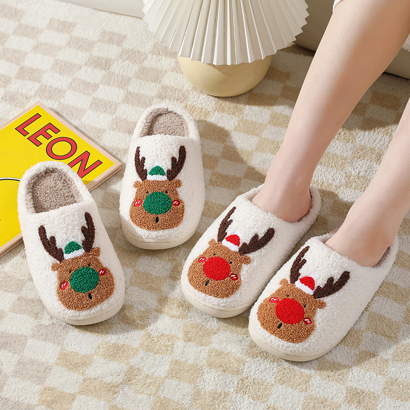 Cozy Winter Home Slippers with Elk Design - Soft, Plush Bedroom Slipper for Women, Men - Slip On House Shoes for Warmth and Comfort - Ideal Christmas Gift