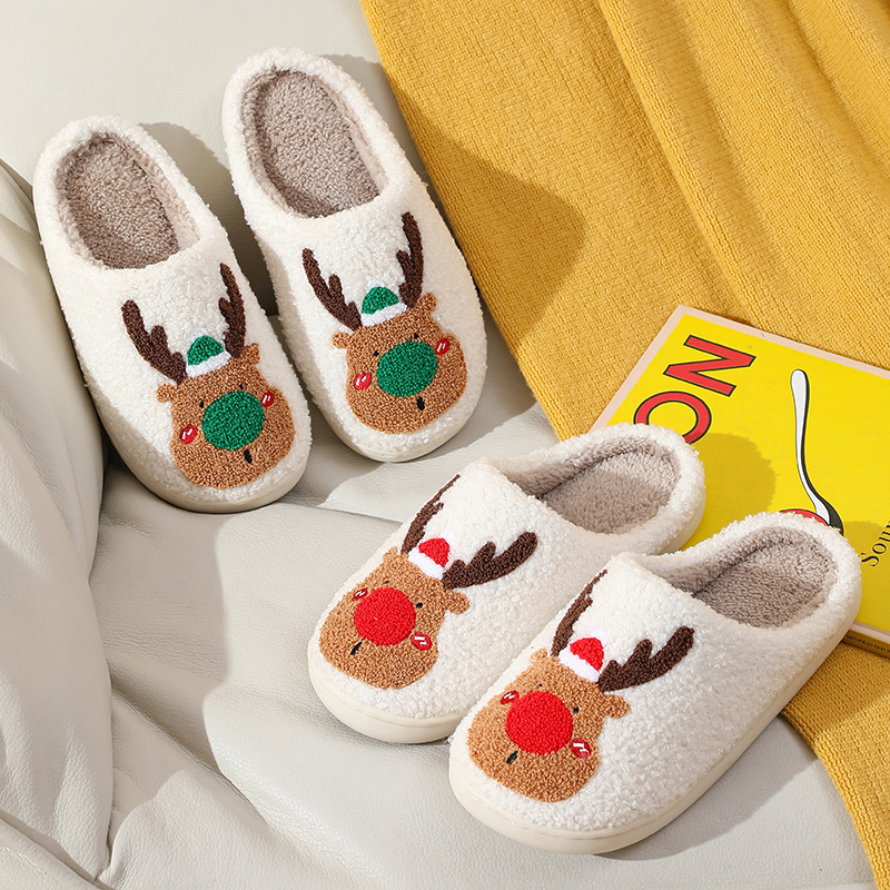 Cozy Winter Home Slippers with Elk Design - Soft, Plush Bedroom Slipper for Women, Men - Slip On House Shoes for Warmth and Comfort - Ideal Christmas Gift