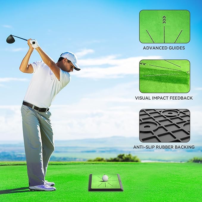 Golf Hitting Mat | Golf Training Mat for Swing Path Feedback/Detection Batting | Extra Replaceable Golf Practice Mat 16"x12" | Advanced Guides and Rubber Backing for Home/Indoor/Outdoor