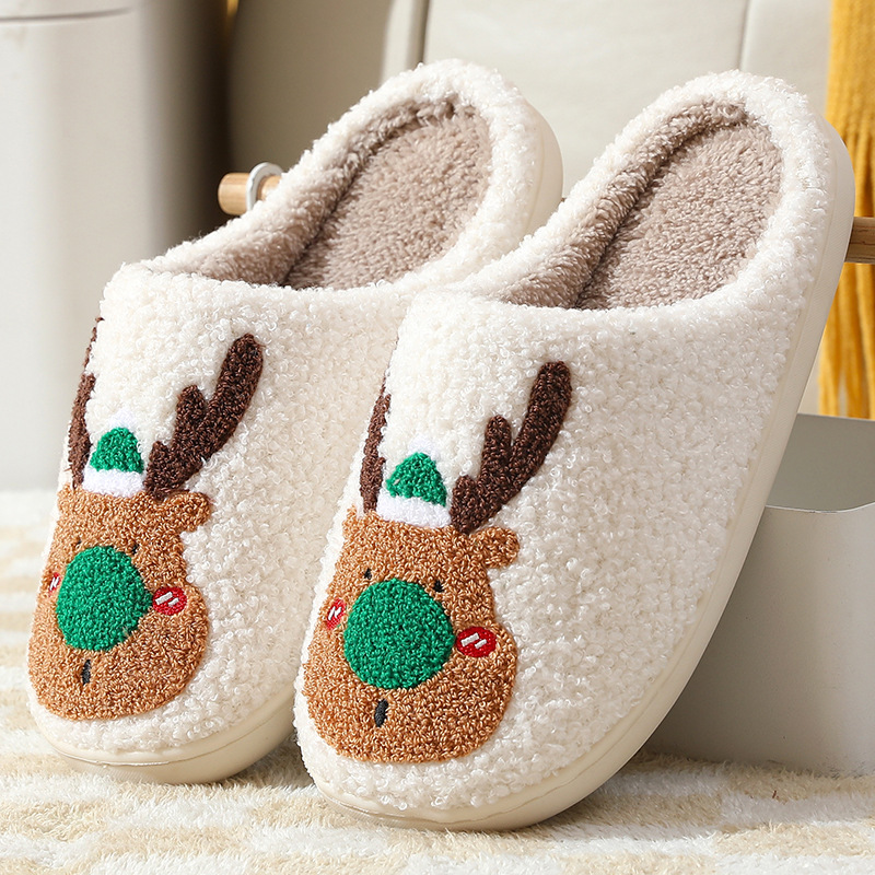 Cozy Winter Home Slippers with Elk Design - Soft, Plush Bedroom Slipper for Women, Men - Slip On House Shoes for Warmth and Comfort - Ideal Christmas Gift