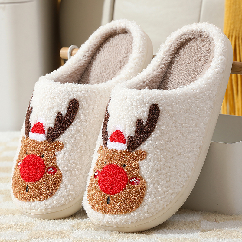 Cozy Winter Home Slippers with Elk Design - Soft, Plush Bedroom Slipper for Women, Men - Slip On House Shoes for Warmth and Comfort - Ideal Christmas Gift