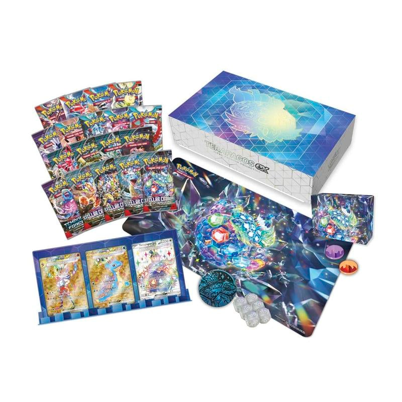 Terapagos Ex Ultra-Premium Collection - 18 Booster Packs, 8 Tera Holo Energy Promos, Play Mat, Deck Box, 3 Ultra Rare/Hyper Rare Promotional Cards, Coin, Dice and Storage Box